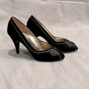 Bruno Magli Black Satin and Rhinestone-Studded Heels Size 6.5